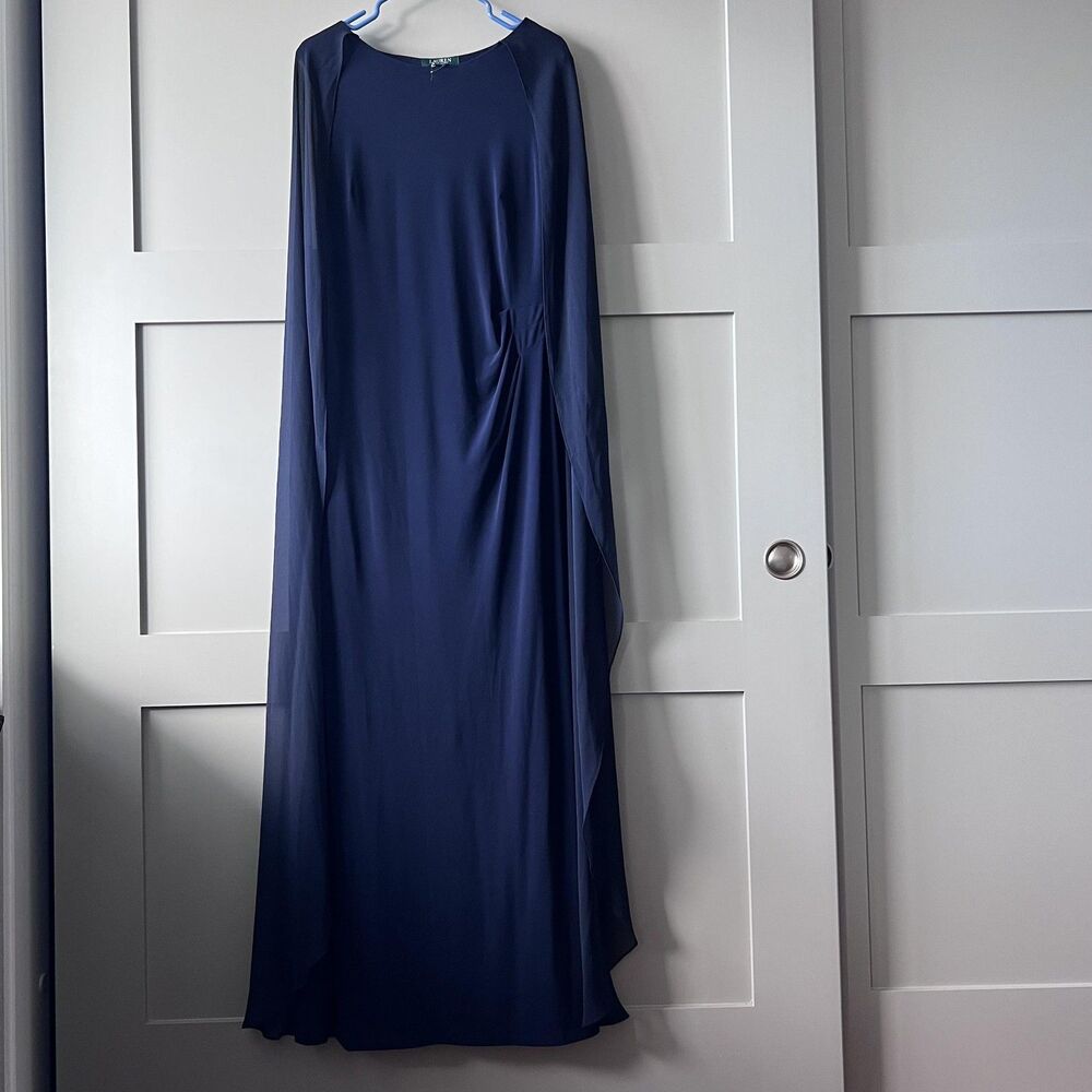 Lauren Ralph Lauren Dress Womens 12 Navy Chiffon Cape Overlay Maxi Gown Evening